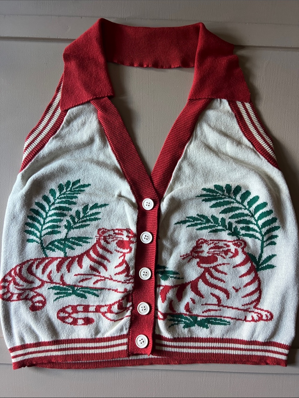OXKnit Halter with Tiger Motif Knit Button-Up Sweater Vest